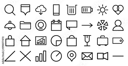 Universal interface line icon set. Vector pictograms of search, cloud, battery, calendar, folder, home, chart, clock, mail, and camera, thick outline illustration.
