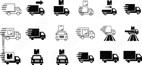 Delivery truck and package icon set, fast shipping silhouettes, courier service graphics, logistics transport symbols, express cargo distribution illustrations