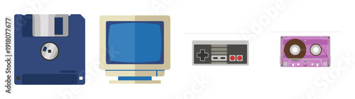 Flat Vector Retro Technology and Vintage Electronics Graphic Set for Nineties Nostalgia and Gaming Design