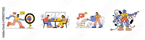 Flat Vector Digital Lifestyle and Content Creation Illustration Set for Modern Technology and Social Media Marketing