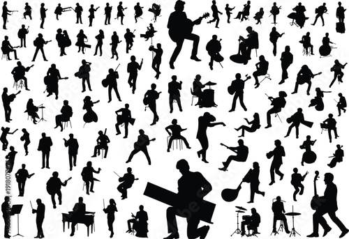 Silhouette musicians playing instruments, live performance, guitar, drums, keyboard, jazz, rock, band, concert, music diversity, artistic expression