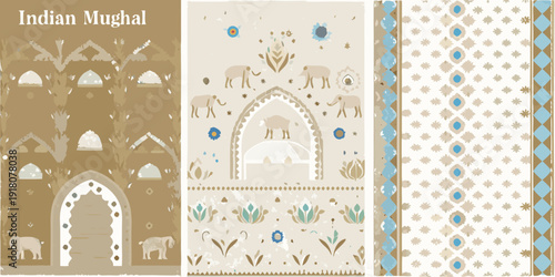 Indian mughal inspired textile pattern with elephants and architectural motifs