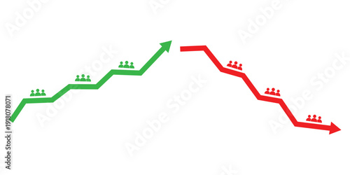 Team growth icon set flat vector design. Team growth with upward and downward arrows symbol. Profit and loss concept. Vector illustration.
