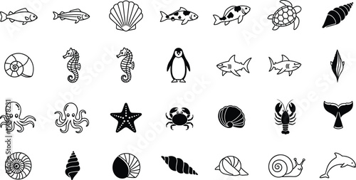 Sea Life Outline Icon Set Fish Shell Seahorse Penguin Shark Turtle Octopus Starfish Crab Lobster Dolphin Marine Line Art Vector Collection