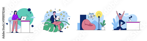 Flat Vector Remote Work Lifestyle Illustration Set for Modern Flexible Workplace Concept