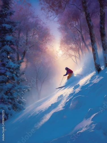 Skier gracefully descends a snow-covered slope amidst tall trees and dappled sunlight