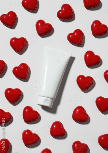 White cosmetic tube surrounded by red heart shapes on a clean white background