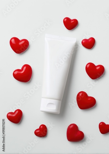 White cosmetic tube surrounded by red heart shapes on a clean white background