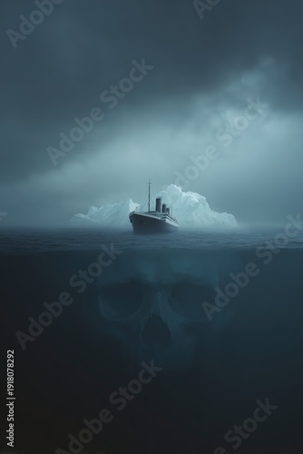 Titanic ship sailing towards iceberg with a skull lurking beneath the ocean surface