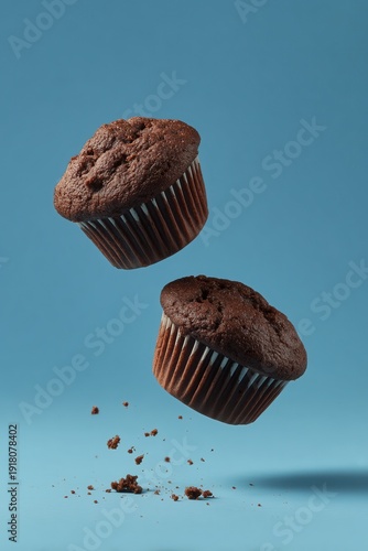 Two chocolate muffins in mid-air against a blue background with crumbs falling