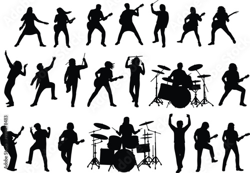 Rock band musician silhouettes guitarist drummer singer performing live concert stage music festival isolated black figures vector illustration set collection
