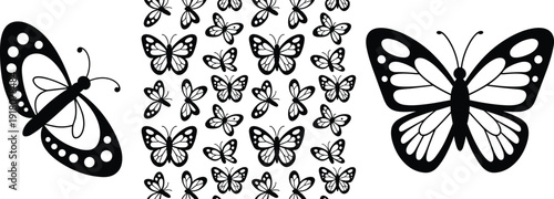 Black white butterfly silhouette vector set, decorative insect illustration, nature pattern, monochrome butterflies design elements for logo, print, wallpaper, branding