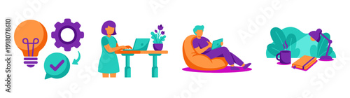 Flat Vector Productivity and Remote Work Character Illustration Asset Sheet for Freelance Business Branding