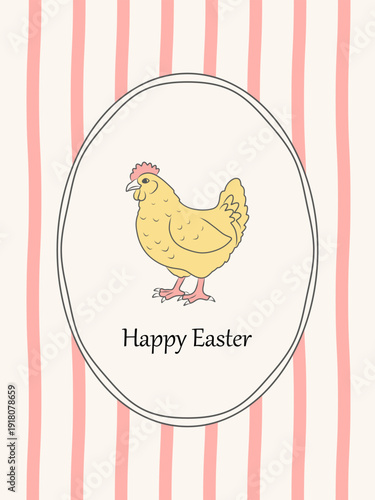 Easter hand drawn greeting card with hen and whimsical border frames. Vintage spring template for greeting cards, party invites and holiday posters.