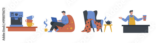 Flat Vector Cozy Cafe Culture and Remote Work Element Kit for Lifestyle Branding