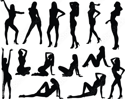 Sexy female silhouette pose collection isolated on white background fashion dance glamour woman vector illustration black high heel style art