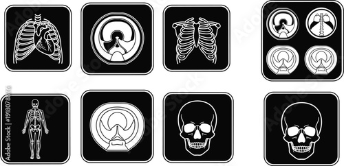Medical imaging scanning icons set, radiology CT scan chest skeletal skull silhouettes, black white minimalist healthcare symbols, diagnostic x-ray interface,