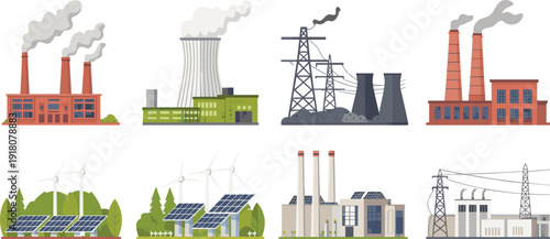 Energy and power generation plants flat vector illustration set featuring factories, wind turbines, solar panels, and electricity infrastructure