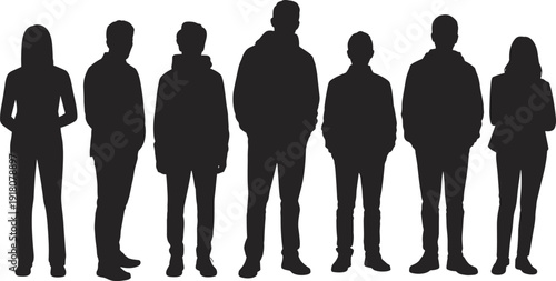 Group of diverse people silhouettes standing together, isolated on white background, representing community teamwork anonymity and unity concept society diversity