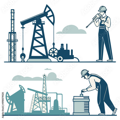 Oil Industry Workers & Equipment Flat Vector Illustration