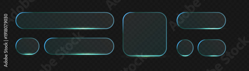 Set Transparent glass button with glossy frame and liquid effect. Modern UI element featuring realistic light reflections, perfect for digital interfaces and futuristic app designs.