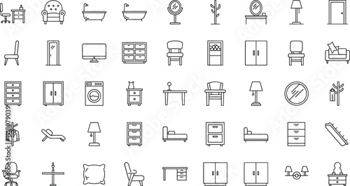 Furniture and home interior outline icon set household objects vector collection isolated on white background