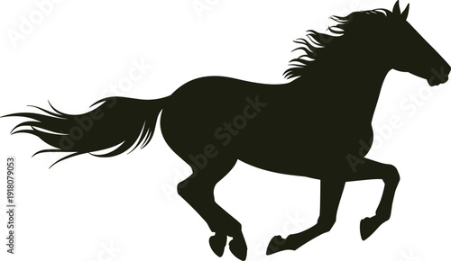Running horse silhouette, black stallion galloping, isolated animal vector, dynamic equine motion, wild freedom concept, white background, minimal clean design