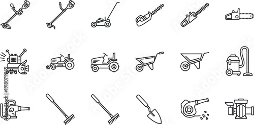 Garden tools and landscaping equipment outline icon set lawn care vector collection isolated on white background