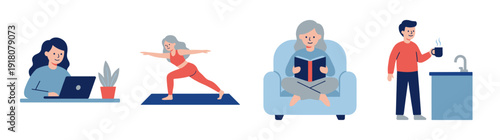 Flat Vector Lifestyle Character Element Kit for Remote Work and Wellness Routine Graphic Set