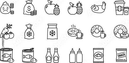 Food and grocery outline icon set fruits snacks beverages vector collection isolated on white background