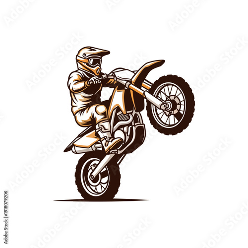 Motocross Rider Performing Wheelie on Dirt Bike.