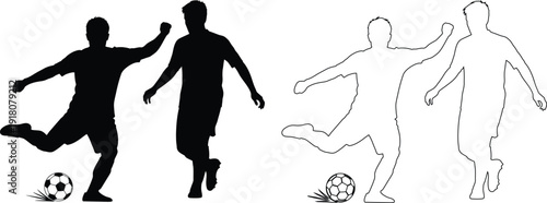 Comparison of soccer players in action and silhouette poses during a game scenario