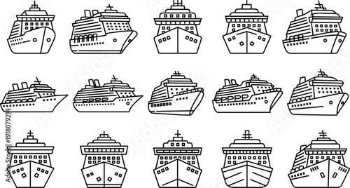 Minimalist black and white ship icon set, ten cruise liner line art silhouettes, maritime travel symbols, nautical vessel vector, isolated graphic.