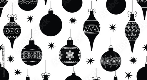 Seamless Christmas Bauble Silhouette Pattern with Ornate Hanging Holiday Ornaments and Decorative Stars for Winter Celebration Background Festive Graphic Design Elements
