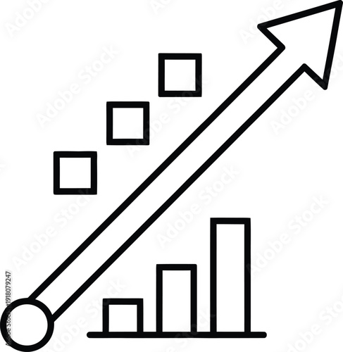 Black line graph with ascending arrow and squares on white chart d