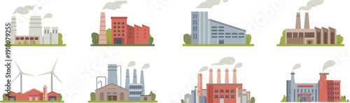 Industrial factories and power plant buildings flat vector illustration set featuring chimneys, wind turbines, warehouses, and energy production