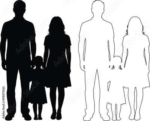 Silhouettes of families with different parenting styles and child positions