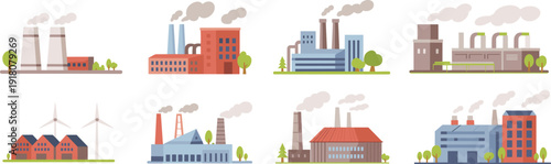 Industrial factories and power plant buildings flat vector illustration set featuring chimneys, warehouses, turbines, and energy production facilities