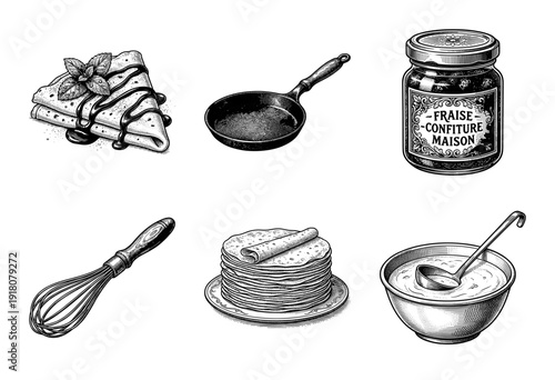 Vintage hand drawn engraving set of crepes making essentials featuring batter whisk pan strawberry jam and stacked pancakes