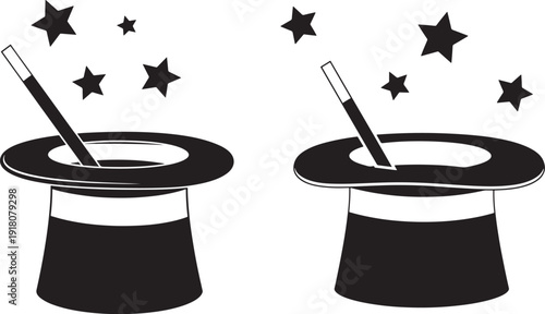 Silhouette of magic hats with magic wands and stars