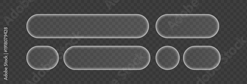 Set of glass interface frame with transparent liquid morphism. Digital button element showcasing light refraction effects, ideal for modern web applications and tech projects.