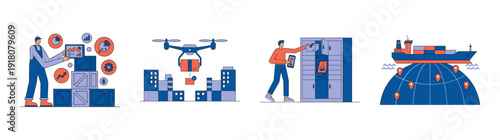 Flat Vector Logistics and Smart Supply Chain Management Graphic Set for Global Transportation Logistics