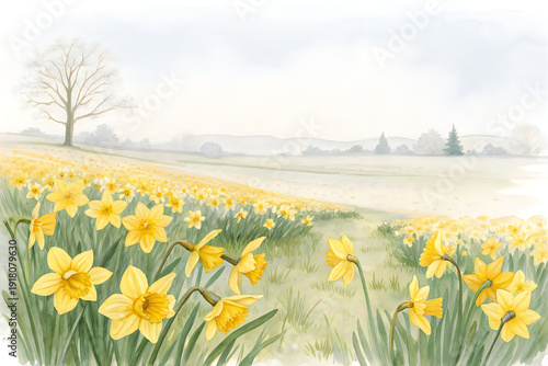 A field of yellow daffodils watercolor illustration
