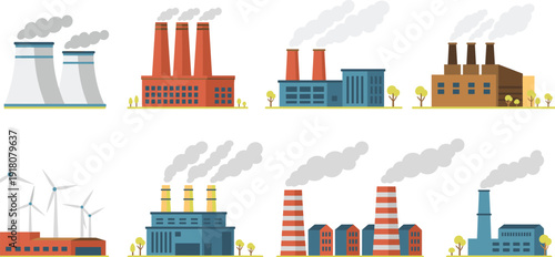 Industrial factories and power plants flat vector illustration set featuring chimneys, cooling towers, wind turbines, and energy production facilities