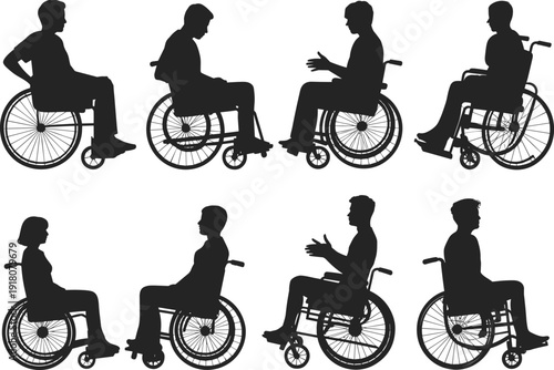 Wheelchair user silhouettes, diverse disabled people mobility concept, accessibility, inclusion, rehabilitation, healthcare, independence, support, equality, human rights, flat vector illustration