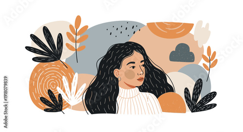 Illustration of a woman surrounded by abstract shapes and leaves, a vibrant, modern depiction of nature and humanity in harmony.