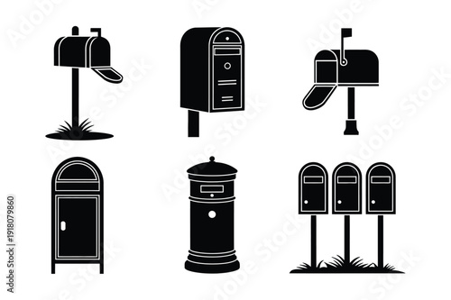 Set of black mailbox icons on a white background