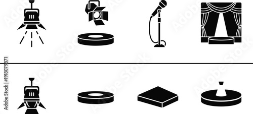 Minimalist, black, and, white, stage, lighting, icons, set, featuring, spotlights, microphones, theater, curtains, platforms, and, performance, equipment, for, event, entertainment, branding.