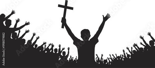 Christian worship crowd silhouette holding cross raised hands faith prayer church praise religious freedom concept illustration vector background celebration devotion