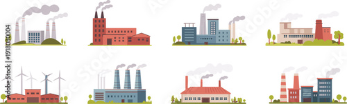 Industrial factory and power plant buildings flat vector illustration collection with chimneys, wind turbines, warehouses, and energy facilities